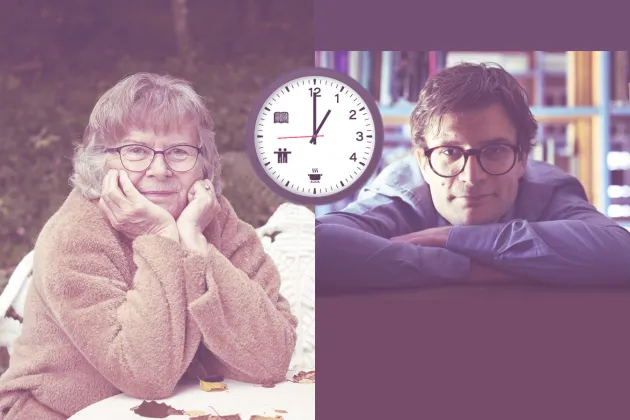 Bodil och David Tid3.jpg En bild på Bodil Jönsson som tittar in i kameran och vilar huvudet mot sina händer, bredvid en bild på David Heidenblad Larsson som lutar sitt huvud på sina armar som ligger i korts på ett bord. I mitten en illustration av en klocka. Kollage.