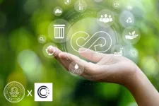 In the palm of a hand surrounded by greenery you see various symbols of recycling. Photo and illustration.