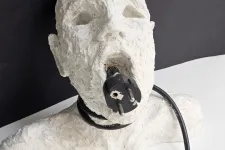 Ett lerhuvud med öppen mun där en elkontakt kommer ut ur munnen. Foto. 