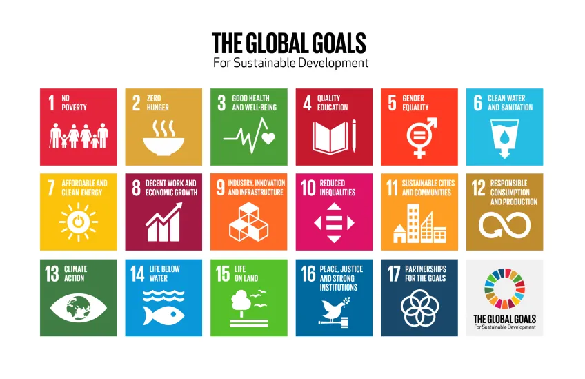 All the symbols of seventeen Sustainable Development Goals in different colours. Illustration.
